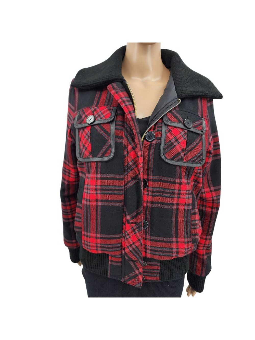 Southpole Red & Black Plaid Cropped Jacket With Ribbed, Women's Large